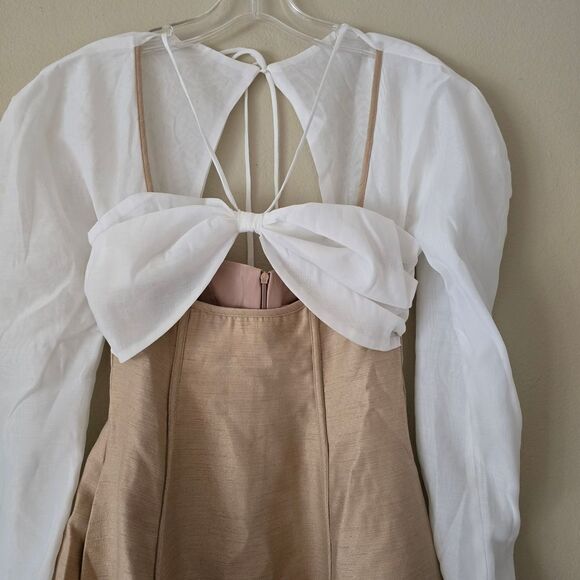 CHOUCHOU Women's  Mini Dress Beige and White Long Sleeve Size Small Preppy - Picture 4 of 6